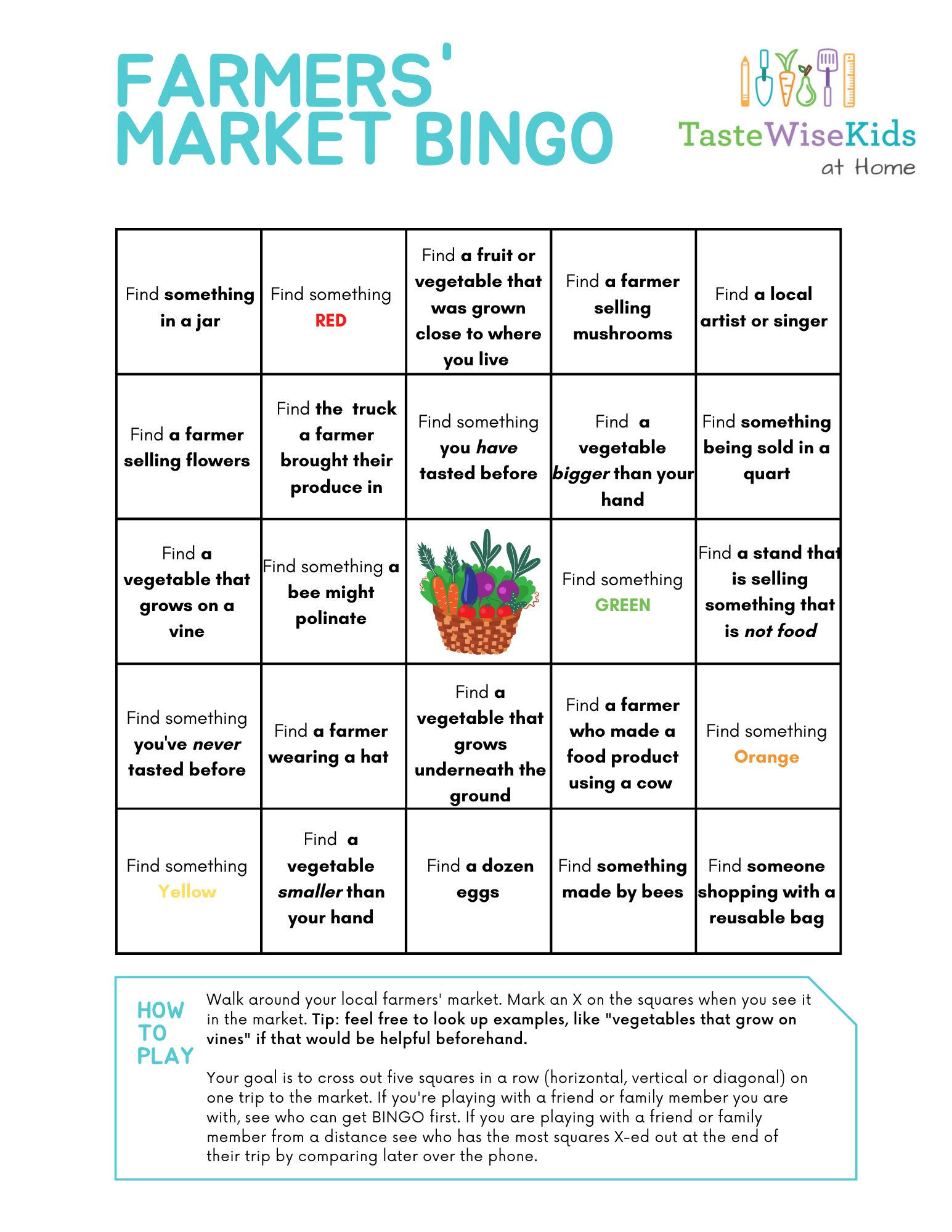 bingo sheet for exploring a farmers' market