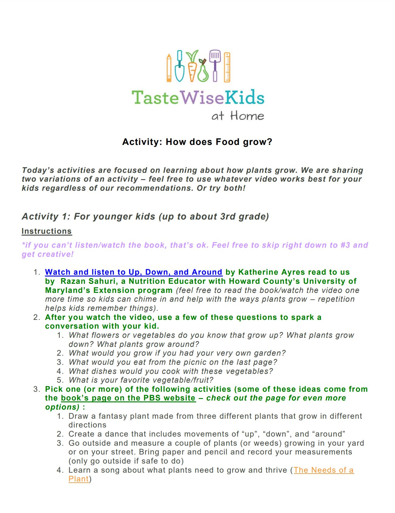 How Does Food Grow Activity Sheet